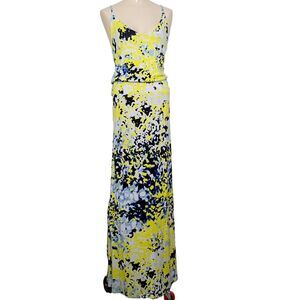 Blousy Racer Back Maxi Dress Blue Yellow Abstract Print Tie Dye Batik Resort L